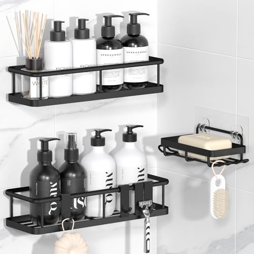 YASONIC Shower Caddy Adhesive No Drill Bathroom Shower Organizers with Removable Hooks and Soap Holder Rust Proof Shower Shelves WallMounted Shower Holder 3 Pack Black