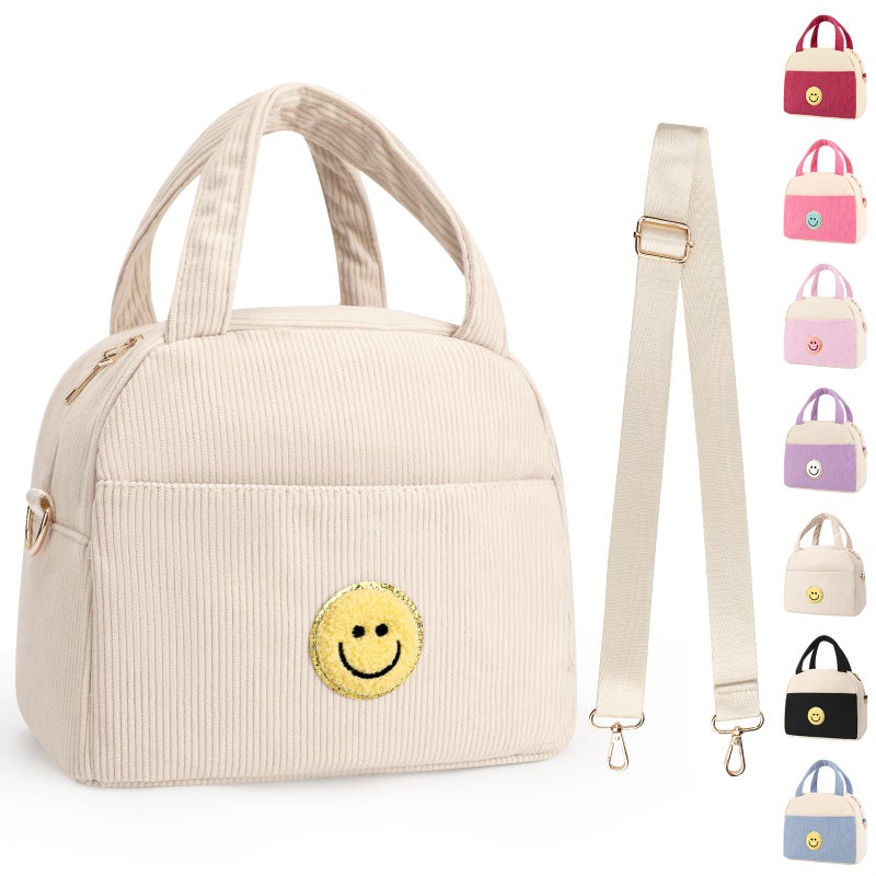 Kids Lunch Bag Lunch Box for Teen Girls Boys Back to School Cute Preppy Lunchbox With Adjustable Shoulder Strap Insulated Corduroy LunchBoxes LunchBags for Women Work Picnic BeigeOff White