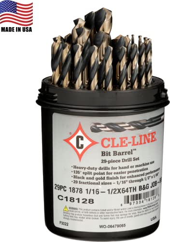 Cle-Line C18128 Bit Barrel Style 1878 High Speed Steel Jobber Length Drill Set, Black and Gold Finish, 1/16" - 1/2" Size, 29 Pieces - Image 2