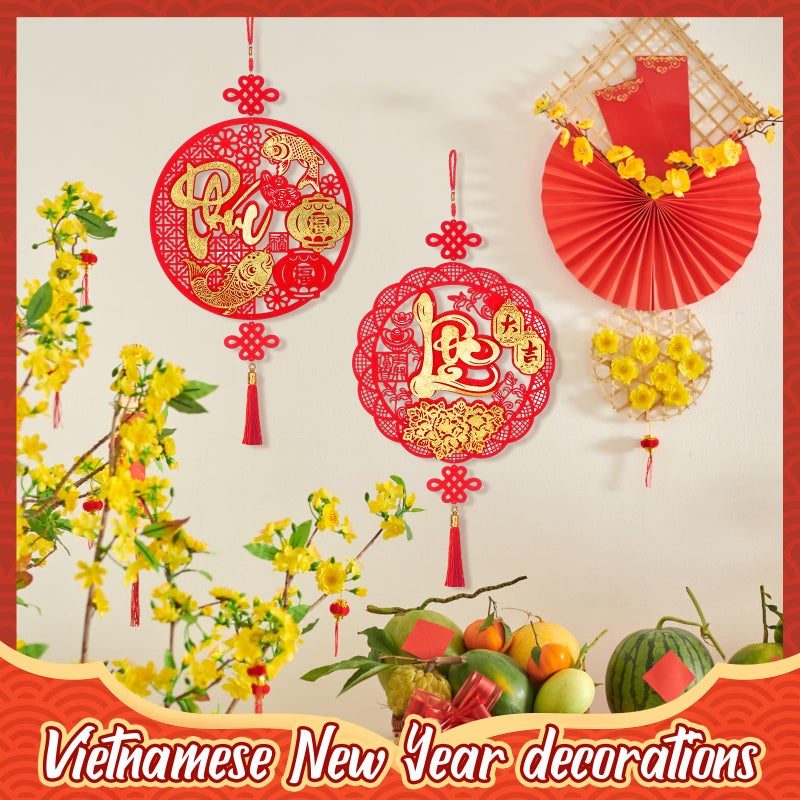 Suncalla 2 Pcs Vietnamese New Year Decorations 2026 TET Viet NAM Decor Hanging Ornaments with Tassel Asian Lunar New Year Festival Pendants for Vietnam Door Sign for Home Door Wall (Round Flower) - Image 4