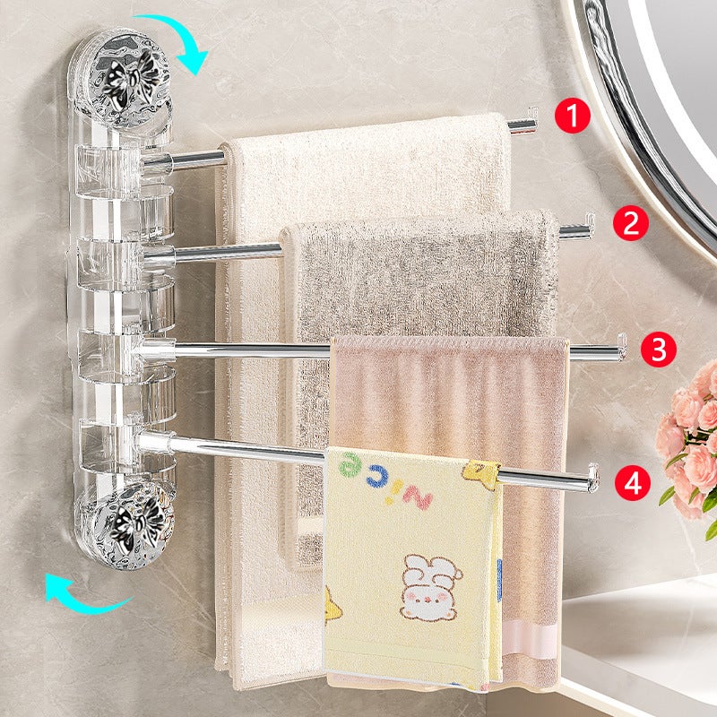 Suction cup towel rack toilet non-perforated rotating multi-pole storage rack bathroom rack toilet towel bar(Clear Silver 4 Bar silver Bow 2) - Image 2