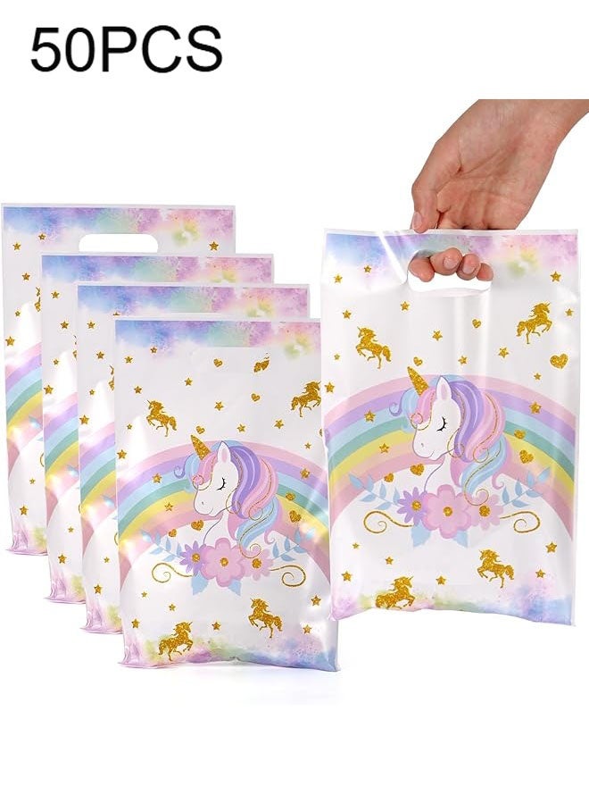 Happy D 50 rainbow unicorn tote bags, plastic gift bags for candy and snacks, party gift fillers, rainbow unicorn-themed candy and snack gift packaging bags, birthday party supplies for teenagers, baptism party supplies and decorations - Image 1
