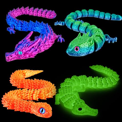3Dgenius 3D Printed Animals 3D Printed Toys Articulated Large 3D Printed Animal Figurines Fidget Toys with Snake Dragon Crocodile Gecko Perfect for Home Dcor Gift 4Pack - Image 1
