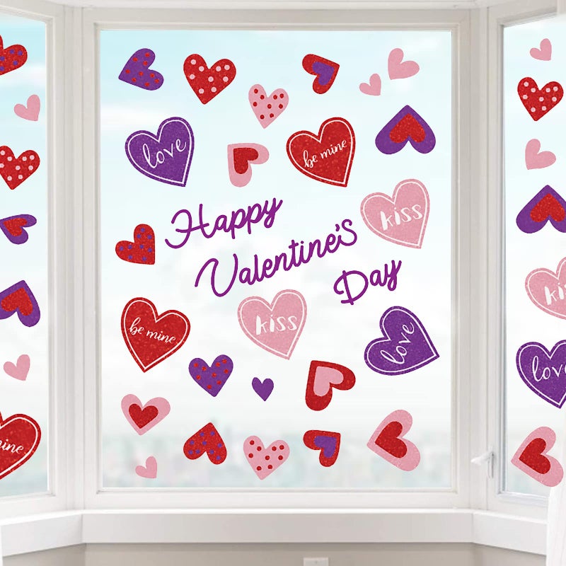 وولاين Whaline 120pcs Valentine Day Window Clings ملصقات نافذة القلب على الوجهين ملصقات PVC باللون الأحمر الأرجواني للمنزل للاحتفال بالذكرى الزواج ، مستلزمات زواج ، زجاج الزجاج - Image 1