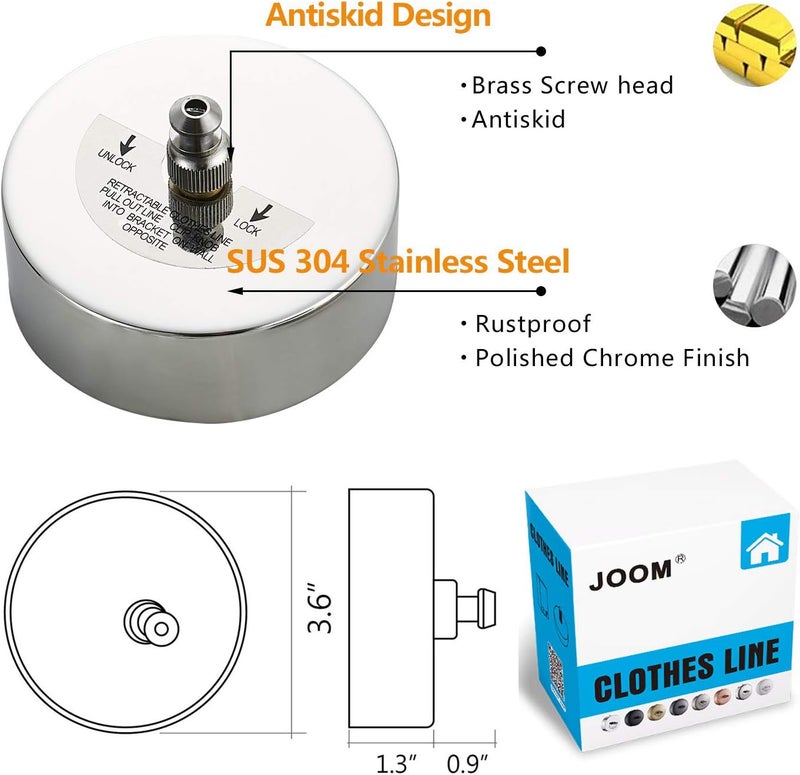 JOOM Retractable Clothesline Stainless Steel Heavy Duty 9Feet(MAX) for Hanging Drying in Bathroom Laundry Hotels, Chrome Finish,Round Style (Chrome A (Drill)) - Image 3