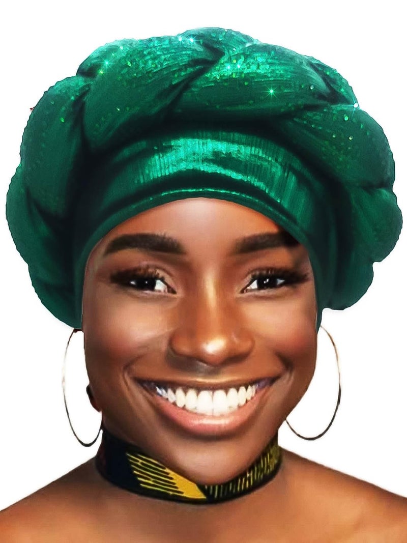 Woeoe African Turban Head Wrap Green Braid Beanie Cap Headwear Crystals Twisted Head Turbans for Women and Girls (Green) - Image 1