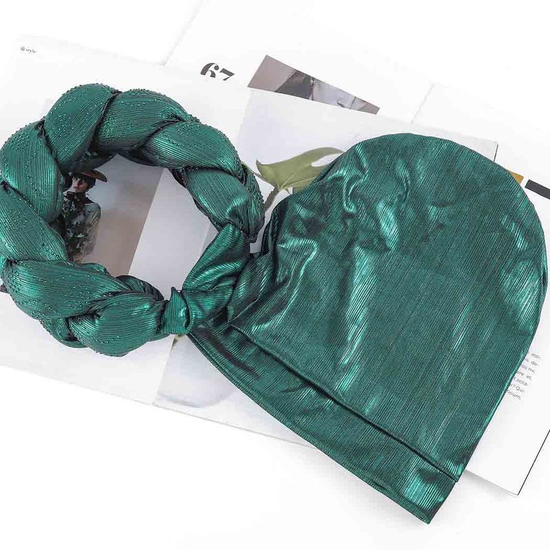 Woeoe African Turban Head Wrap Green Braid Beanie Cap Headwear Crystals Twisted Head Turbans for Women and Girls (Green) - Image 3