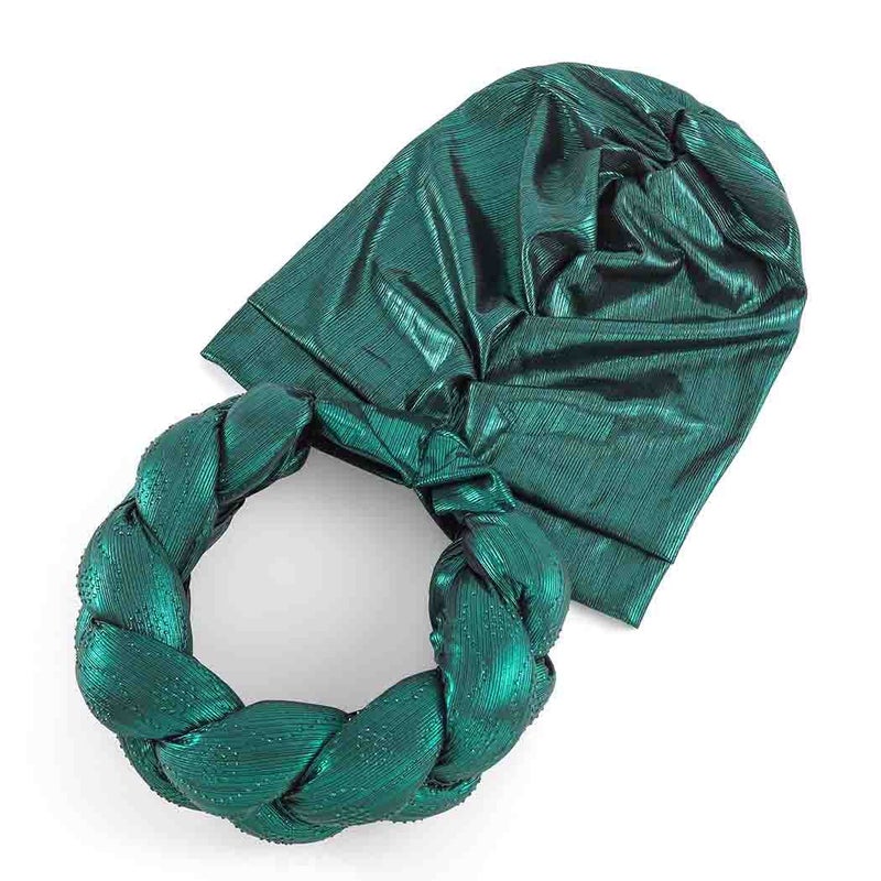 Woeoe African Turban Head Wrap Green Braid Beanie Cap Headwear Crystals Twisted Head Turbans for Women and Girls (Green) - Image 2