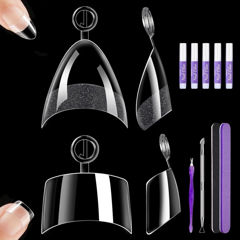 MORGLES 480 Pcs Extra Short Almond Nail Tips, Half Cover Square Nail Tips, 2 Shape Clear Short Fake Nails with Glue, Pre Shape Acrylic Nails with Files and Cuticle Fork for Salons and Home DIY - Image 1