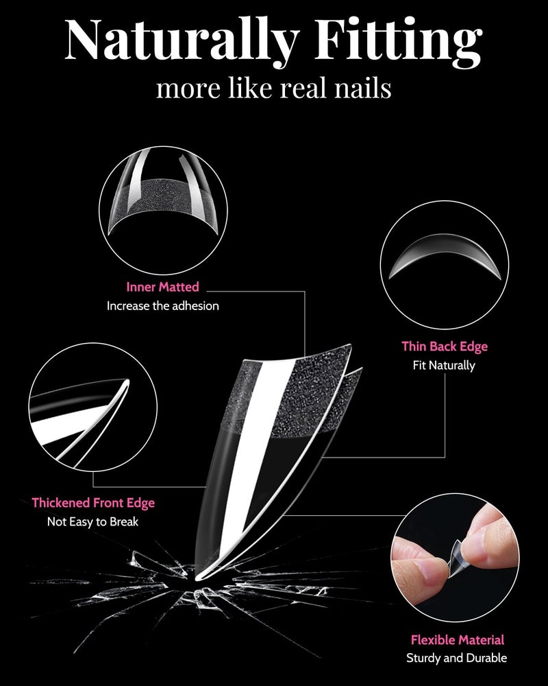 MORGLES 480 Pcs Extra Short Almond Nail Tips, Half Cover Square Nail Tips, 2 Shape Clear Short Fake Nails with Glue, Pre Shape Acrylic Nails with Files and Cuticle Fork for Salons and Home DIY - Image 2