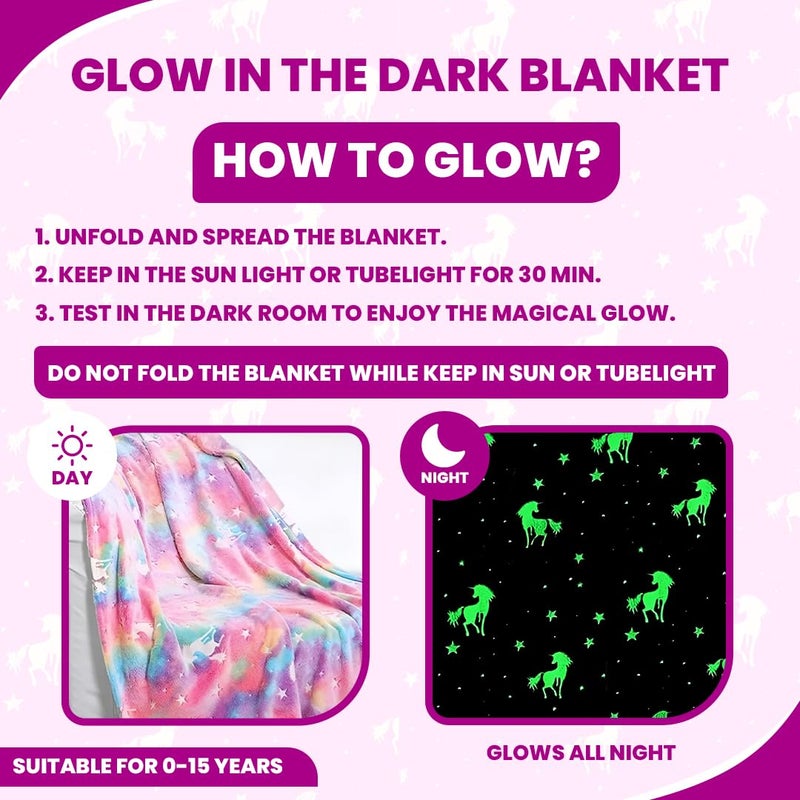 TONY STARK Big Size Unicorn Glow in The Dark Blanket for Kids, 0-15 Years |200x152 Cm| Soft Flannel Fleece Throw, Cozy & Warm All-Season Radium Blanket for Boys & Girls - (Multicolor Unicorns) - Image 2