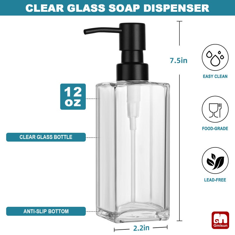 GMISUN Glass Soap Dispenser with Stainless Steel Pump, Clear Hand Soap Dispenser for Bathroom, 12 fl oz/350ml Refillable Dish Dispenser for Kitchen, Modern Liquid Soap and Lotion Bottle for Countertop - Image 2