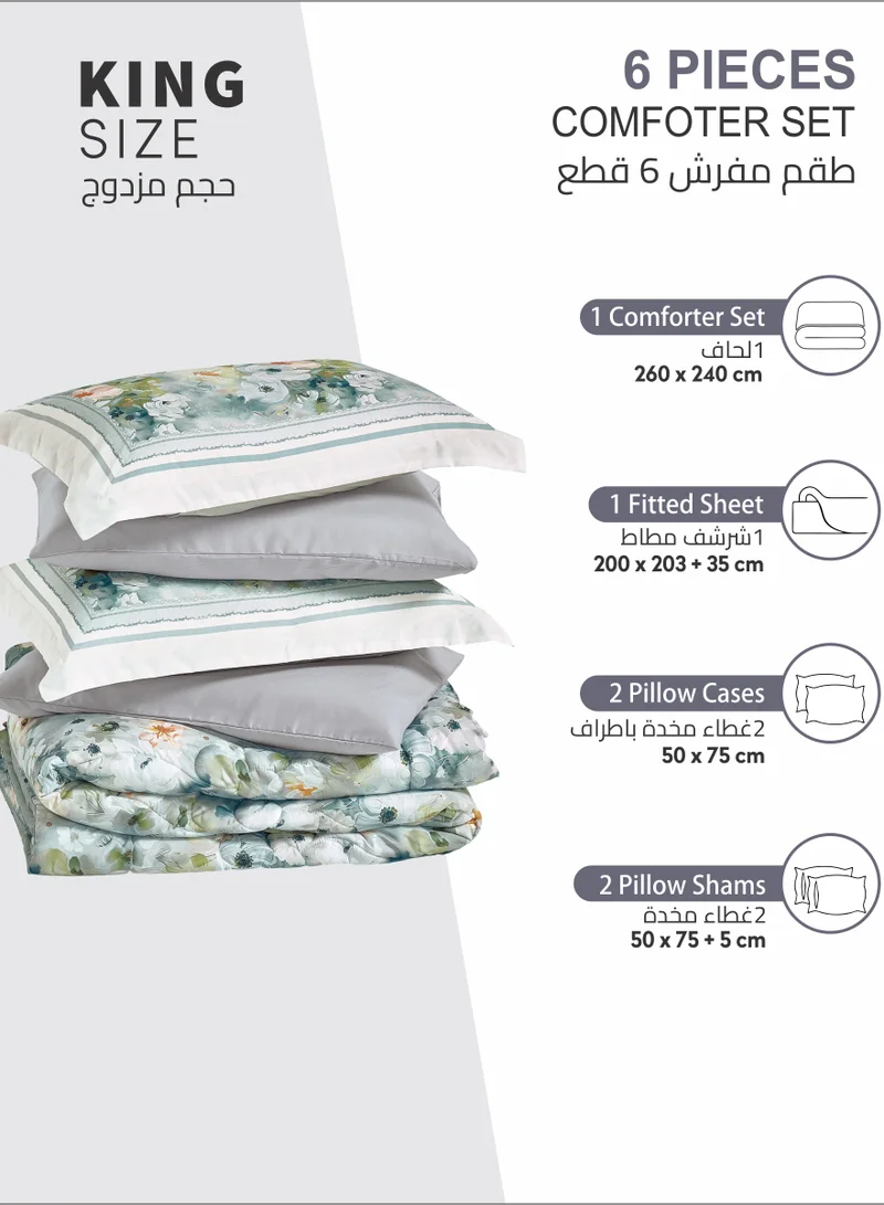 Donetella Comforter Set 6-Pcs King Size Printed Reversible Double Bed FIt 200 x 200 CM All Season Comforter With (350 GSM) Down Alternative Filling, Osb Grey