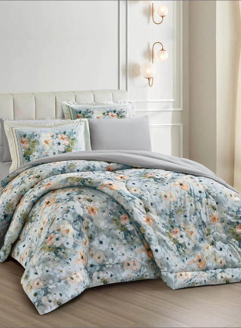 Donetella Comforter Set 6-Pcs King Size Printed Reversible Double Bed FIt 200 x 200 CM All Season Comforter With (350 GSM) Down Alternative Filling, Osb Grey