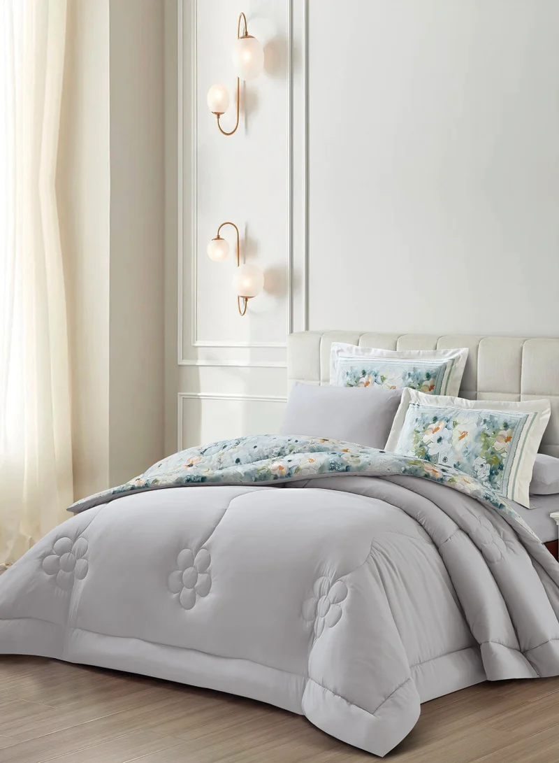 Donetella Comforter Set 6-Pcs King Size Printed Reversible Double Bed FIt 200 x 200 CM All Season Comforter With (350 GSM) Down Alternative Filling, Osb Grey