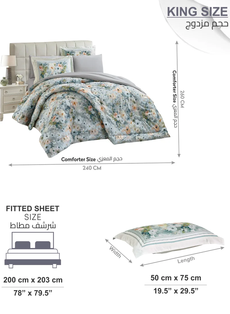 Donetella Comforter Set 6-Pcs King Size Printed Reversible Double Bed FIt 200 x 200 CM All Season Comforter With (350 GSM) Down Alternative Filling, Osb Grey
