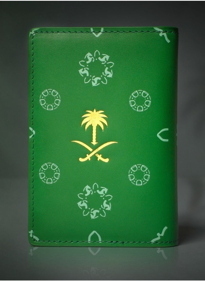 توقيع - محفظة كروت جلد أصلي بقري بشعار السعودية السيفين والنخلة باللون الذهبي وايقونات يوم التأسيس - Image 1
