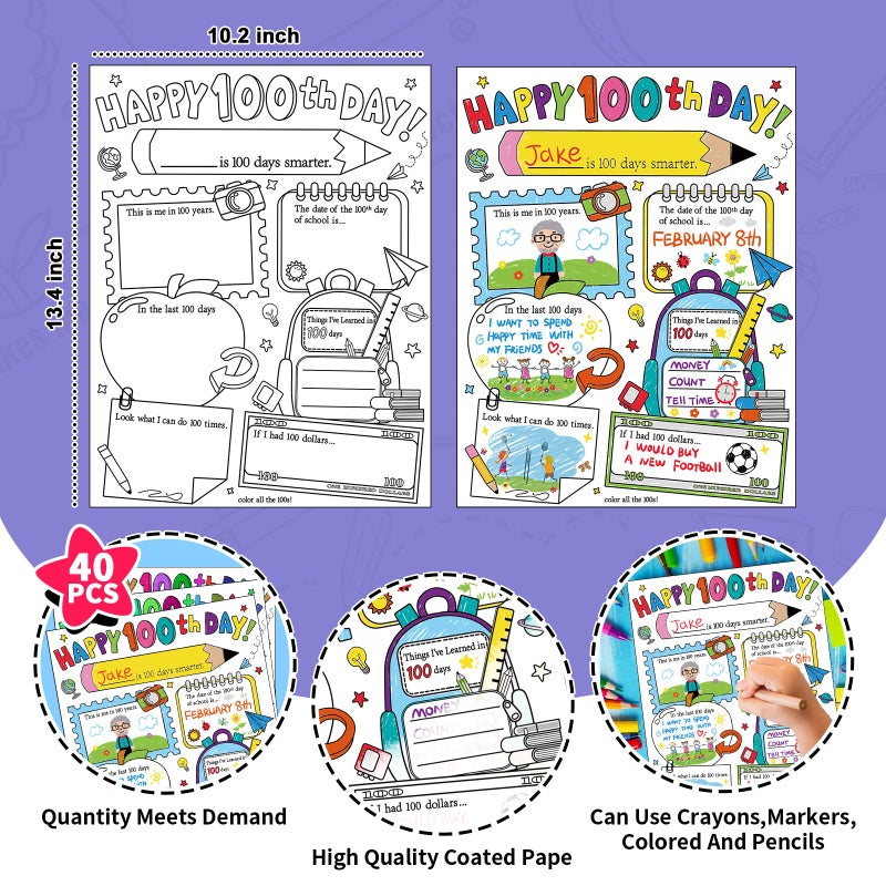 Hedeey Happy 100th Day of School Coloring Posters 100 Days of School Activities Poster for Kids Student Classroom Supplies (40Pcs 13.4 X 10.2 Inch) - Image 2