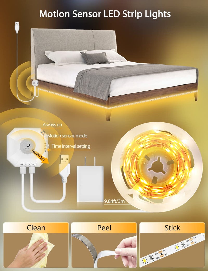 MATICOD Motion Sensor Light Indoor Under Bed Lights Under Cabinet Lights, Motion Activated Led Light Strip for Bedroom,Warm White LED Closet Light Motion Sensored Under Cabinet Lighting NO APP - Image 5