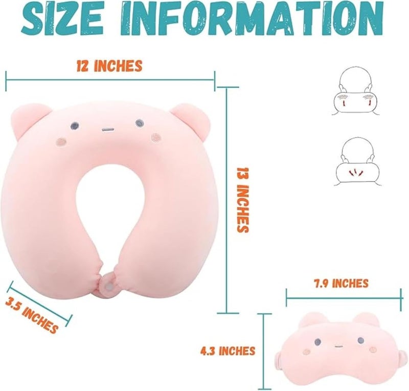 Yelajoy Cute Travel Neck Pillow with Eye Mask - Memory Foam U-Shaped Pillow for Kids (Pink) - Image 4