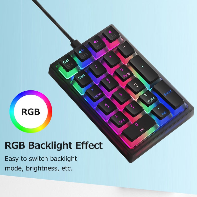 iBlancod K10 21 Keys Wired Mechanical Numeric Keyboard RGB Backlight Effect Mechanical Yellow Switches Pudding Keycaps Black - Image 4