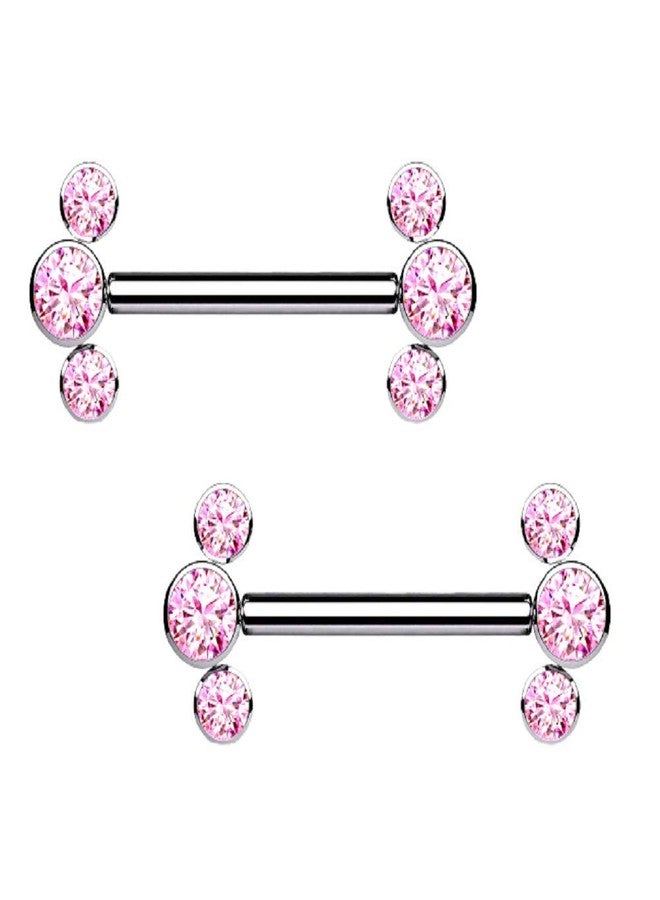 Pierced Owl 14G G23 Implant Grade Titanium Threadless Push-in Triple Bezel Set CZ Crystal Ends Nipple Barbells, Sold as a Pair (Pink) - Image 1