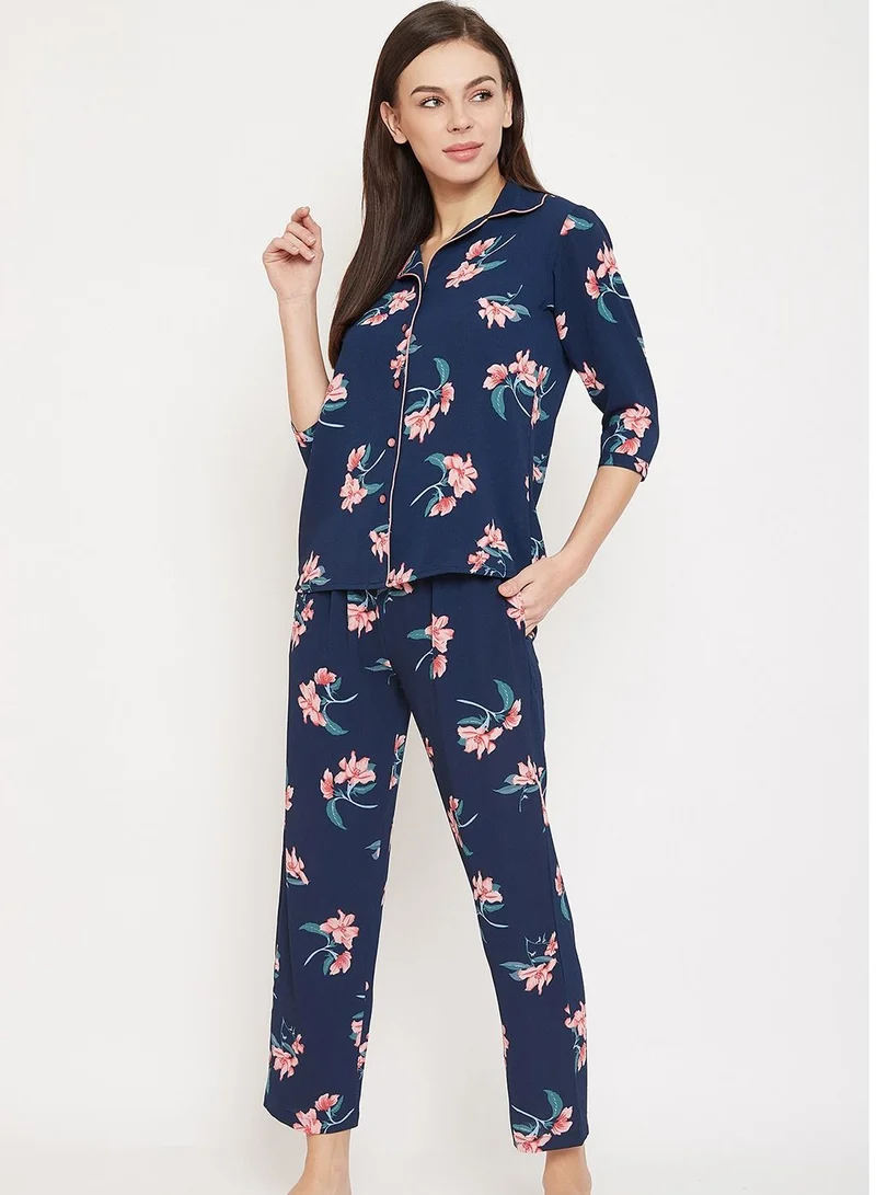 كلوفيا Clovia Pretty Florals Button Me Up Shirt and Pyjama Set in Navy - Crepe