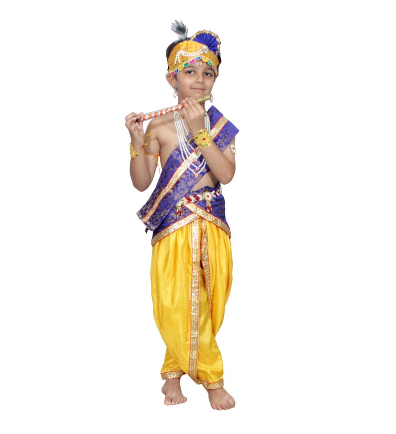 Kaku Fancy Dresses Krishna Costume for Kids Infant Baby Krishna Dress for Boys (Blue Dhoti, Patka(Stole), Belt, Fabric Mukut, Layer Pearl Mala, Bajuband, Earrings, Bansuri & Morpankh) - Image 2