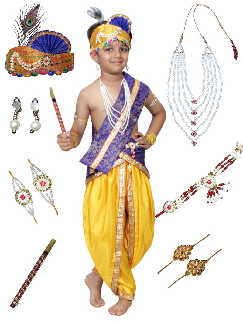 Kaku Fancy Dresses Krishna Costume for Kids Infant Baby Krishna Dress for Boys (Blue Dhoti, Patka(Stole), Belt, Fabric Mukut, Layer Pearl Mala, Bajuband, Earrings, Bansuri & Morpankh) - Image 5