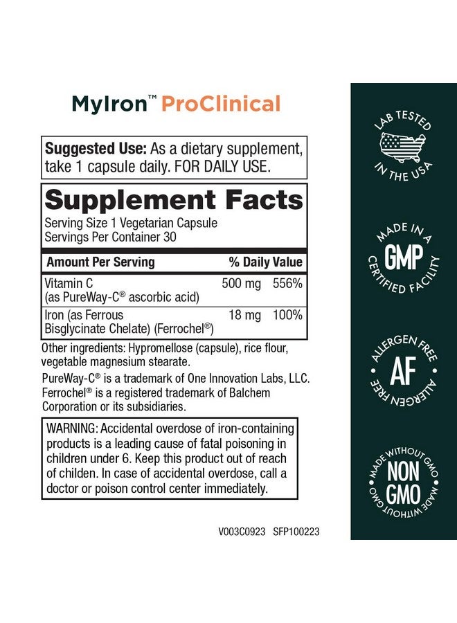 Purity Products MyIron ProClinical by Purity Products - Iron (Ferrous Bisglycinate Chelelate) + Vitamin C (PureWay-C) - Gentle on The Stomach - Controlled Absorption - Promotes Healthy Red Blood Cells - 30 Count (1) - Image 2