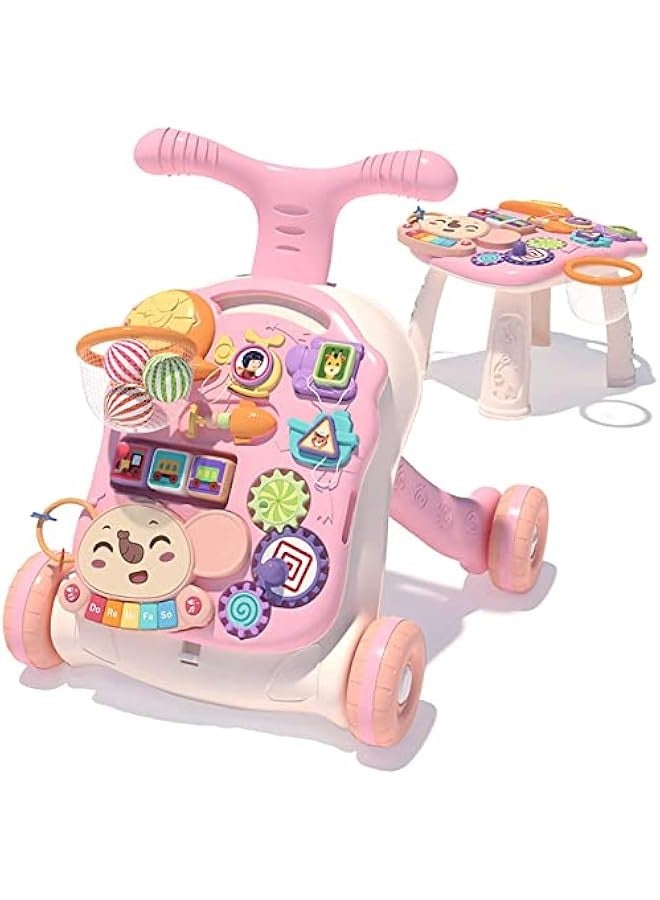 DURKU Pink Baby Walker with Music and Lights, 2 in 1 Activity Center and Push Toy for Boys and Girls, Fun Learning Bouncer with Wheels, Great Gift for Birthday or Holiday - Image 1