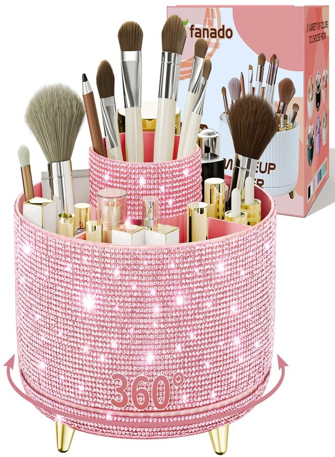 fanado Bling Diamond Makeup Brush Holder, 360° Rotating Makeup Organizer, 5 Slot Make up Brushes Cup for Countertop, Storage for Cosmetics Pen Eyeliner Skincare on the Vanity (Diamond Pink) - Image 1