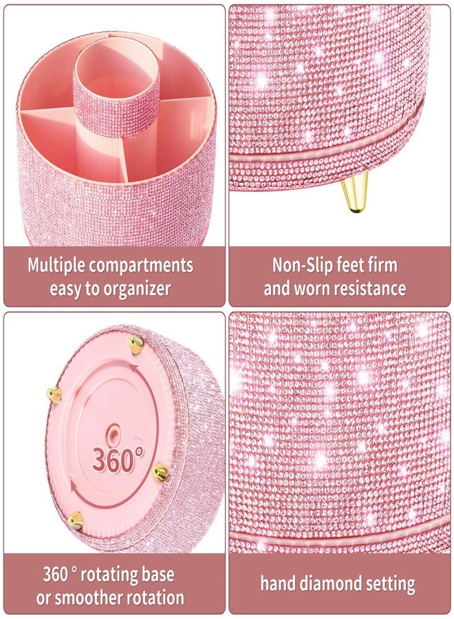 fanado Bling Diamond Makeup Brush Holder, 360° Rotating Makeup Organizer, 5 Slot Make up Brushes Cup for Countertop, Storage for Cosmetics Pen Eyeliner Skincare on the Vanity (Diamond Pink) - Image 3
