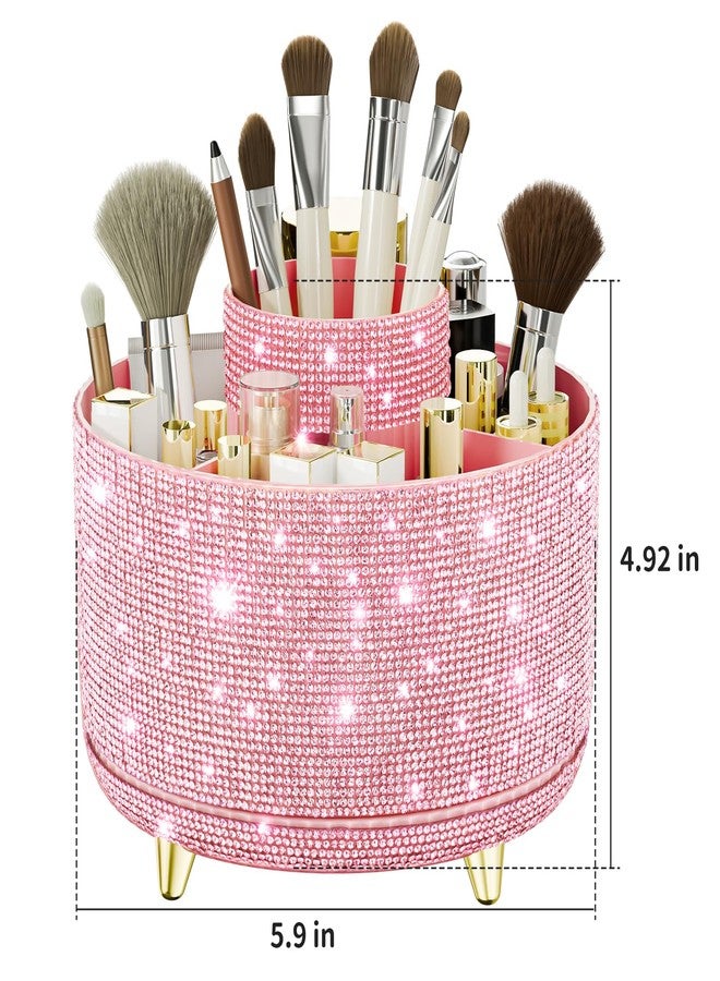 fanado Bling Diamond Makeup Brush Holder, 360° Rotating Makeup Organizer, 5 Slot Make up Brushes Cup for Countertop, Storage for Cosmetics Pen Eyeliner Skincare on the Vanity (Diamond Pink) - Image 4