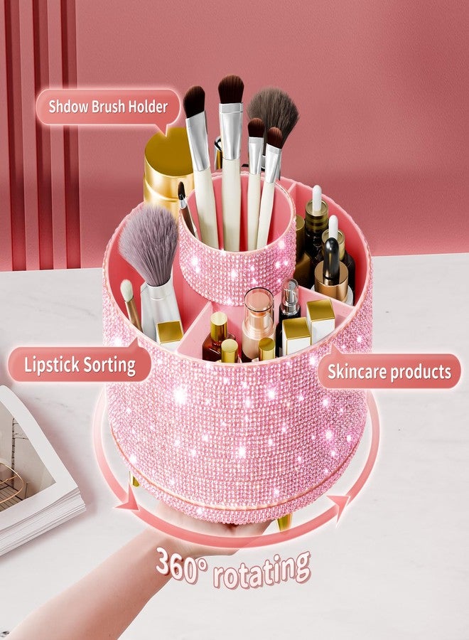 fanado Bling Diamond Makeup Brush Holder, 360° Rotating Makeup Organizer, 5 Slot Make up Brushes Cup for Countertop, Storage for Cosmetics Pen Eyeliner Skincare on the Vanity (Diamond Pink) - Image 2