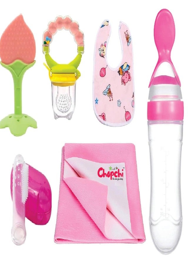 Chopchi Combo of 6 Item- Baby Pacifier with Rattle 1 Pcs, Silicone Spoon 90ML 1 Pcs,Teether 1 Pcs,Finger Brush 1 Pcs,Baby Pink Dry Sheet Small Size 50x70cm 1 Pcs, Baby bib 1 pcs (Pink Set) - Image 1