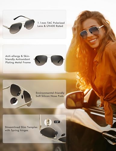 LUENX Aviator Sunglasses for Mens Women Polarized Gradient Brown Lens Metal Rose Gold Frame - Image 4