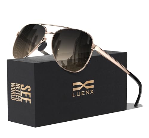 LUENX Aviator Sunglasses for Mens Women Polarized Gradient Brown Lens Metal Rose Gold Frame - Image 1