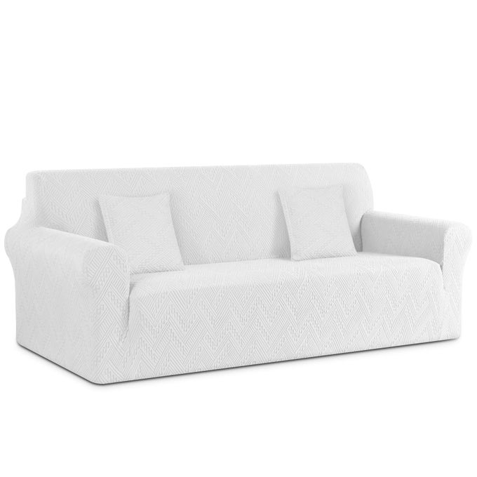 STRETCH SOFA COVER 1 PIECE COUCH COVERS FOR 3 CUSHION COUCH NON SLIP UNIVERSAL SOFA SLIPCOVER WASHABLE SOFT JACQUARD FURNITURE PROTECTOR WITH 2 PCS THROW PILLOW COVERS 3 SEATER IVORY