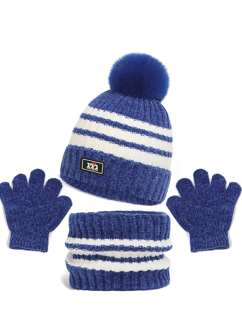 Generic 3Pcs Kids Hat Scarf Gloves Set, Fleece Lined Stripe Beanie Hat, Knit Thermal Neck Warmer and Sets for Age 2-8, Winter Children Warm Accessories Outdoor, Blue  - Image 1