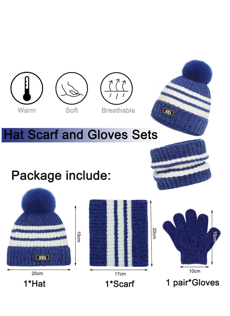 Generic 3Pcs Kids Hat Scarf Gloves Set, Fleece Lined Stripe Beanie Hat, Knit Thermal Neck Warmer and Sets for Age 2-8, Winter Children Warm Accessories Outdoor, Blue  - Image 5