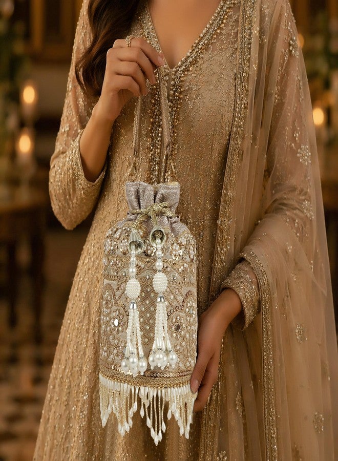 Nevis Silk Fabric Designe Embroidered Potli Bag with Pearl Tassels & Beaded Strap | Bridal Ethnic Drawstring Clutch for Wedding - Image 3