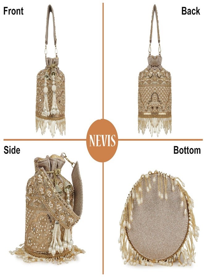 Nevis Silk Fabric Designe Embroidered Potli Bag with Pearl Tassels & Beaded Strap | Bridal Ethnic Drawstring Clutch for Wedding - Image 4