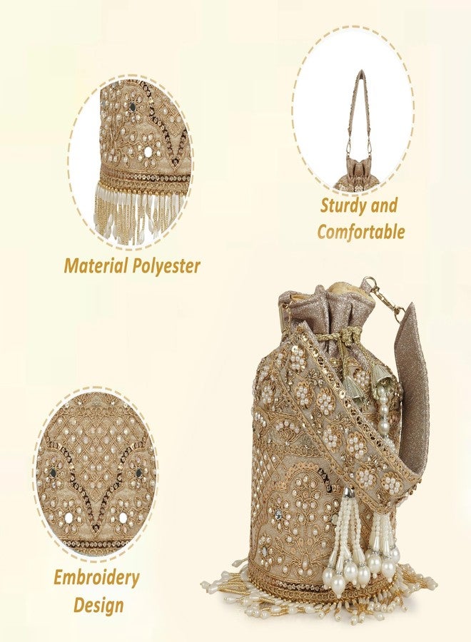 Nevis Silk Fabric Designe Embroidered Potli Bag with Pearl Tassels & Beaded Strap | Bridal Ethnic Drawstring Clutch for Wedding - Image 2