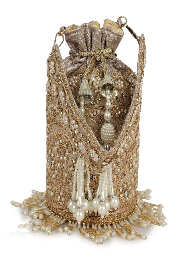 Nevis Silk Fabric Designe Embroidered Potli Bag with Pearl Tassels & Beaded Strap | Bridal Ethnic Drawstring Clutch for Wedding - Image 1