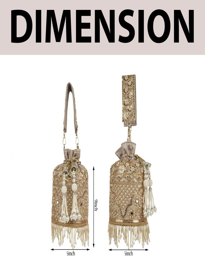 Nevis Silk Fabric Designe Embroidered Potli Bag with Pearl Tassels & Beaded Strap | Bridal Ethnic Drawstring Clutch for Wedding - Image 5