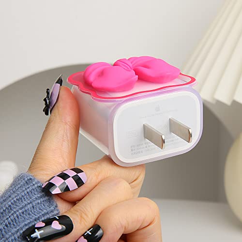 QLD COVER Compatible with iPhone 18W/20W USB-C Charger Cover Cute 3D Bow Tie Design Clear Soft Charger Protector Kawaii Cable Saver for iPhone 11 12 13 14 Pro Max Fast Power Adapter, Rose 2 (5in1) - Image 5