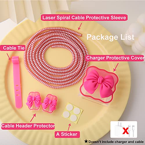 QLD COVER Compatible with iPhone 18W/20W USB-C Charger Cover Cute 3D Bow Tie Design Clear Soft Charger Protector Kawaii Cable Saver for iPhone 11 12 13 14 Pro Max Fast Power Adapter, Rose 2 (5in1) - Image 2
