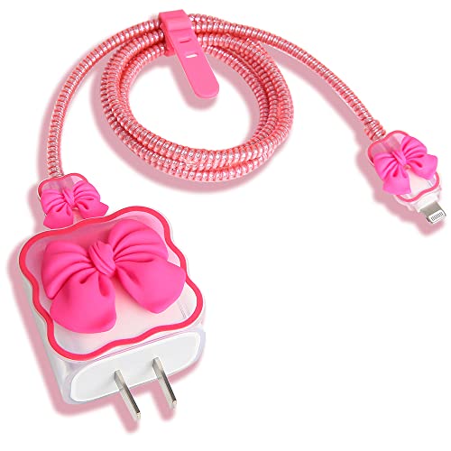 QLD COVER Compatible with iPhone 18W/20W USB-C Charger Cover Cute 3D Bow Tie Design Clear Soft Charger Protector Kawaii Cable Saver for iPhone 11 12 13 14 Pro Max Fast Power Adapter, Rose 2 (5in1) - Image 1