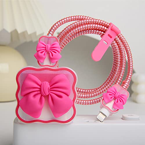 QLD COVER Compatible with iPhone 18W/20W USB-C Charger Cover Cute 3D Bow Tie Design Clear Soft Charger Protector Kawaii Cable Saver for iPhone 11 12 13 14 Pro Max Fast Power Adapter, Rose 2 (5in1) - Image 4